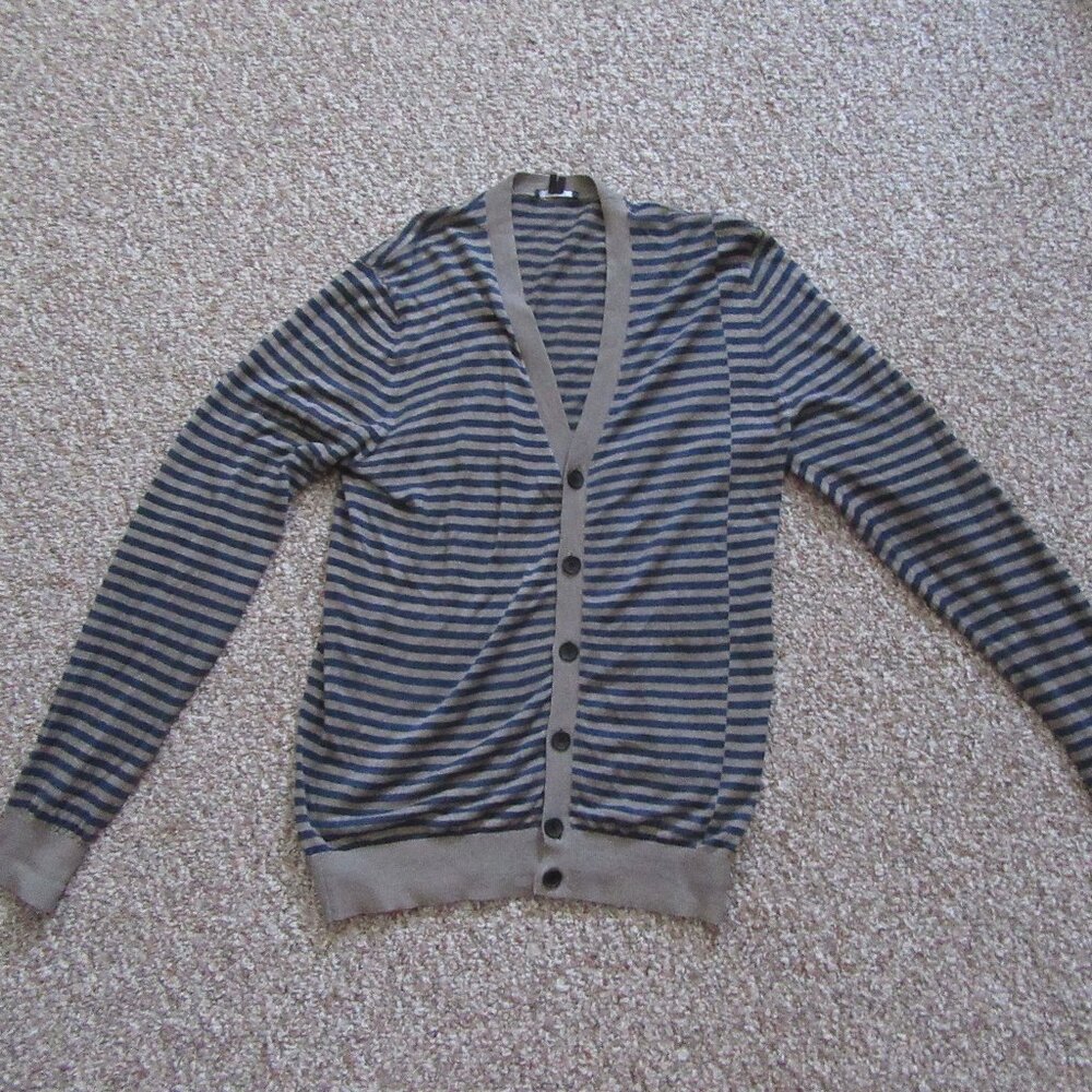 Women’s Theory Striped Navy Blue/Taupe Button Front Cardigan Sweater Size Medium